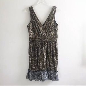 Mark & James Badgley Mischka 10 Sequined Dress Silver Gold Ruffle Sleeveless